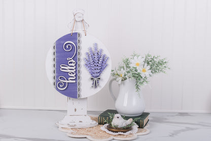 DIY lavender hello round sign with layered floral design