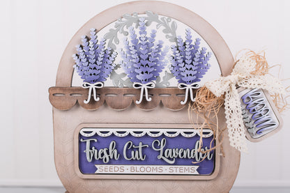 Decorative sign with lavender theme on a white background