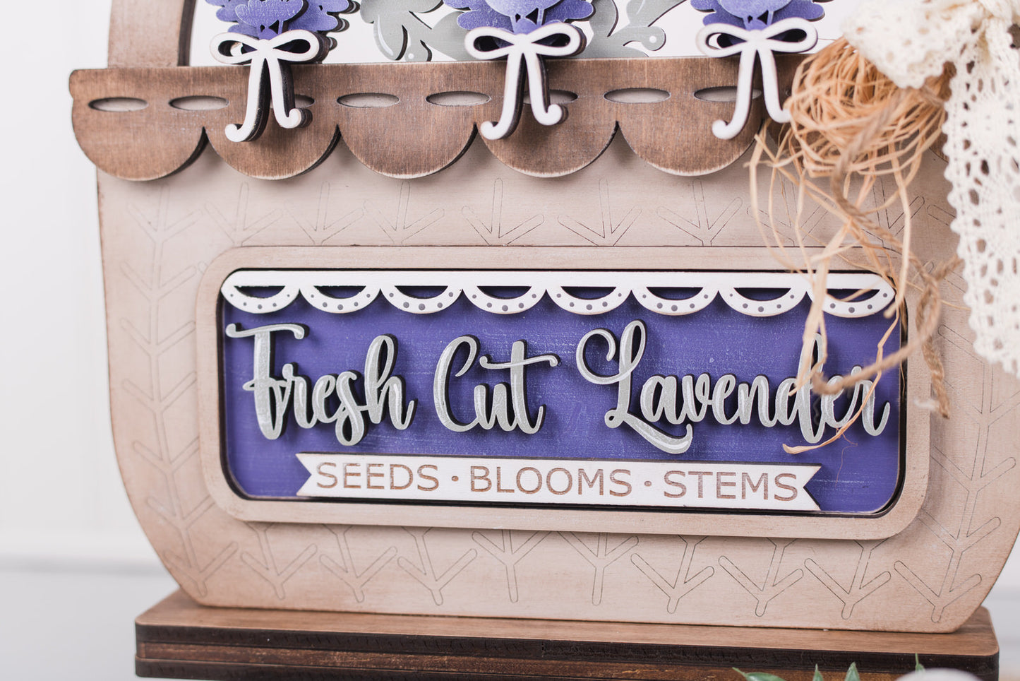 Decorative wooden basket DIY with 'Fresh Cut Lavender' text on a white background