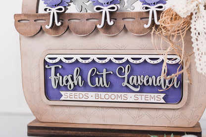 Decorative wooden basket DIY with 'Fresh Cut Lavender' text on a white background