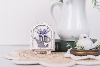 DIY lavender watering can mini arch insert with layered wood details