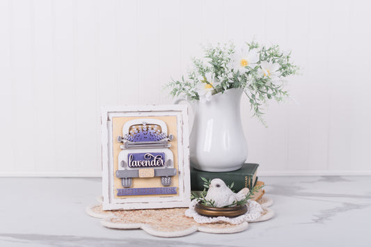 lavender truck insert with seeds blooms stems text