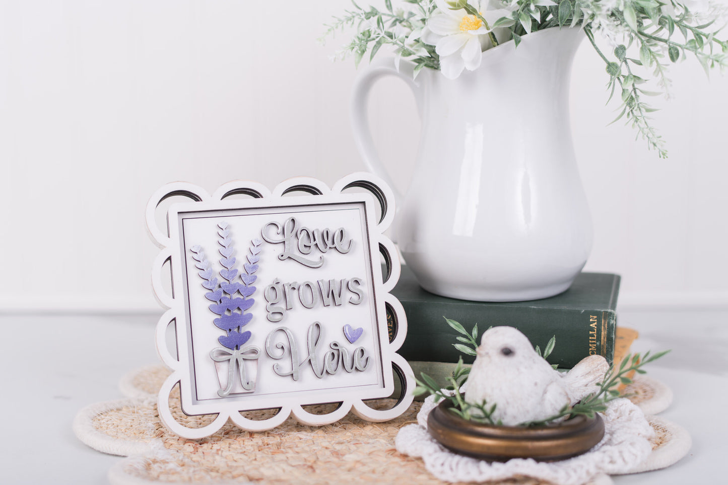 DIY lavender square insert with love grows here text