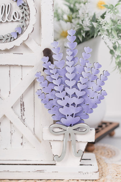 lavender themed porch insert with potted arrangement