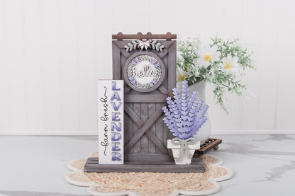 full lavender porch display setup with sign and florals