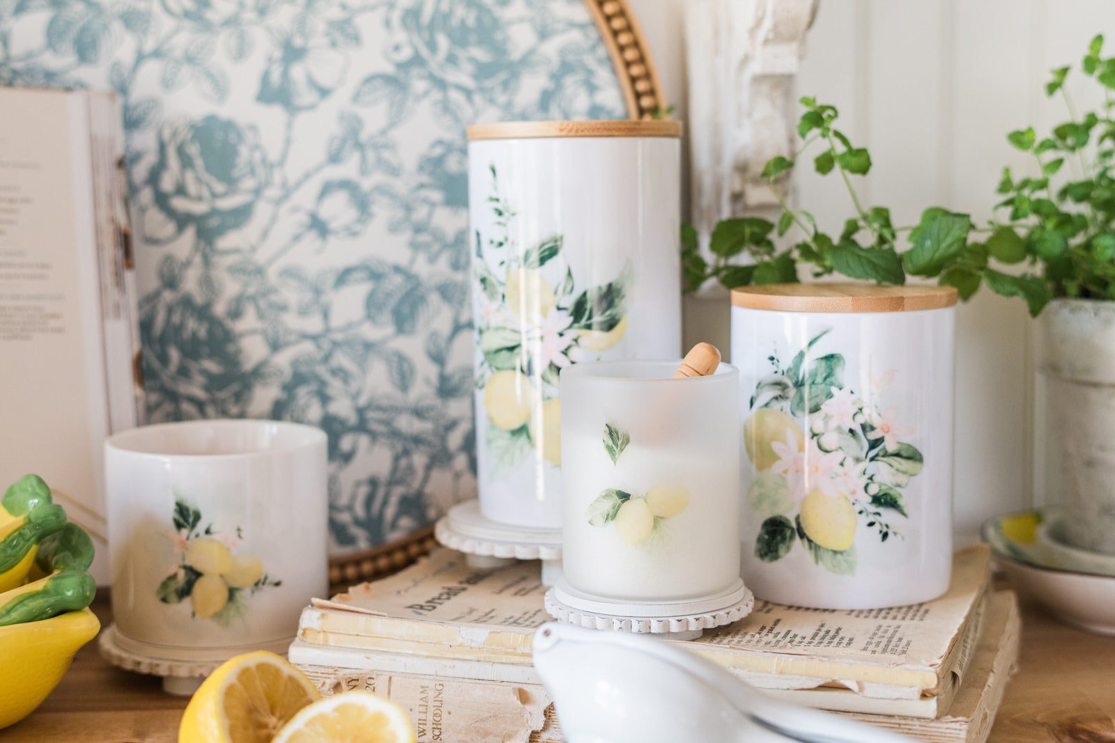 Lemon canisters in the kitchen scene 