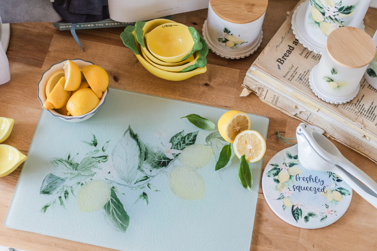 Lemon cutting board glass kitchen board with watercolor design