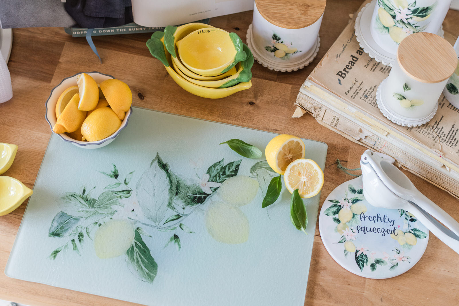 Lemon cutting board glass kitchen board with watercolor design