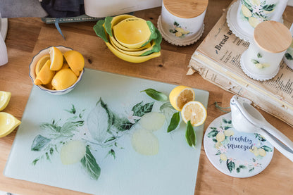 Lemon cutting board glass kitchen board with watercolor design