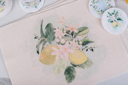 Linen like placemat with watercolour lemon artwork