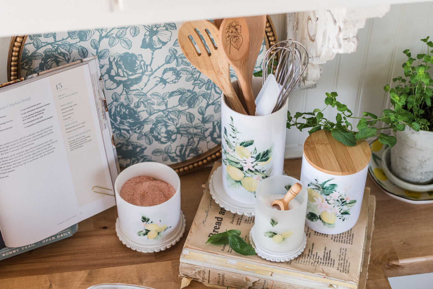 Cottage farmhouse kitchen styling with utensil holder