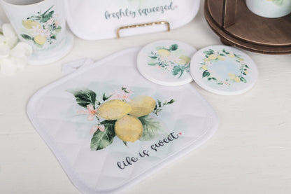  Lemon pot holder and coasters saying life is sweet