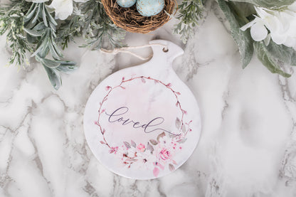 Christian spoon rest with pink wreath and watercolor flowers