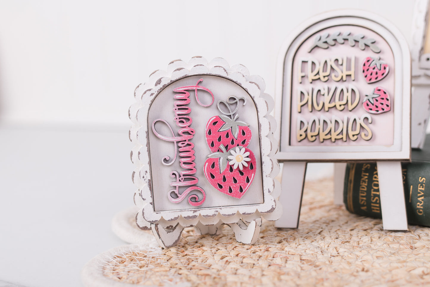 Decorative mini arch sign kits with 'Strawberry' and 'Fresh Picked Berries' text on a white background.