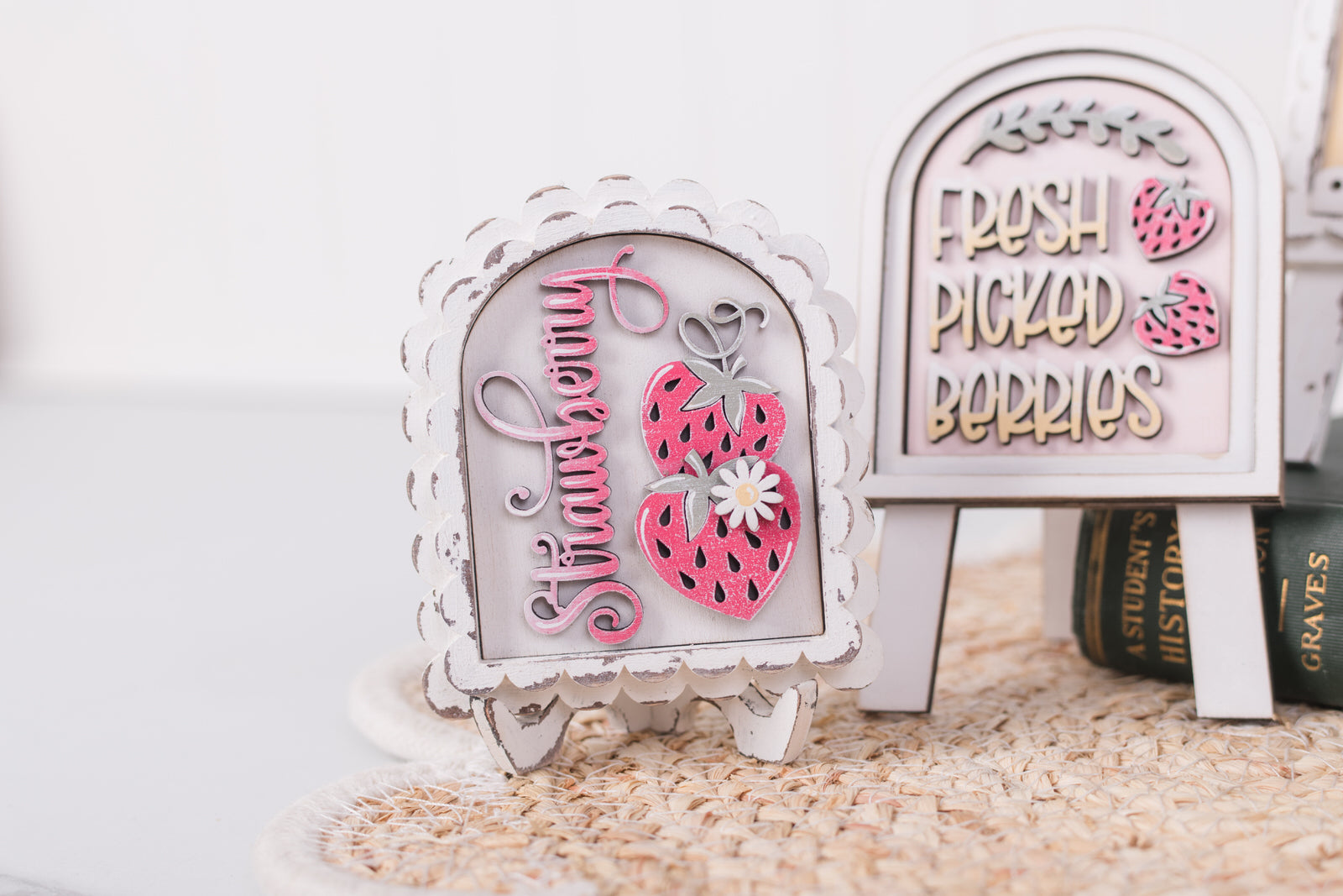 Decorative mini arch sign kits with 'Strawberry' and 'Fresh Picked Berries' text on a white background.