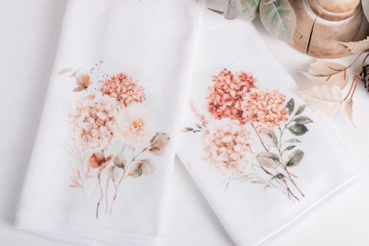 Two Spicy Floral hand towel designs for seasonal guest bath styling