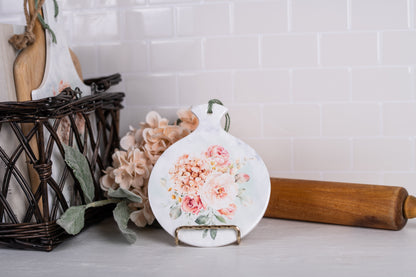 Watercolor floral spoon holder with pink roses and eucalyptus