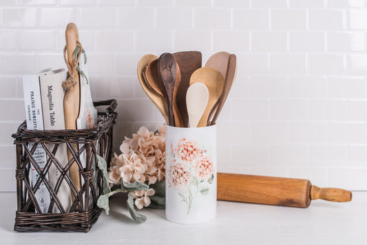 Spring Botanical utensil holder with watercolour peach florals holding wood spoons