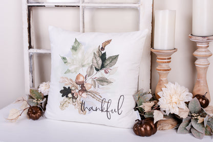 Thankful 18x18 white pillow with watercolor oak leaves and acorns – cozy handmade fall decor for sofa or guest bed