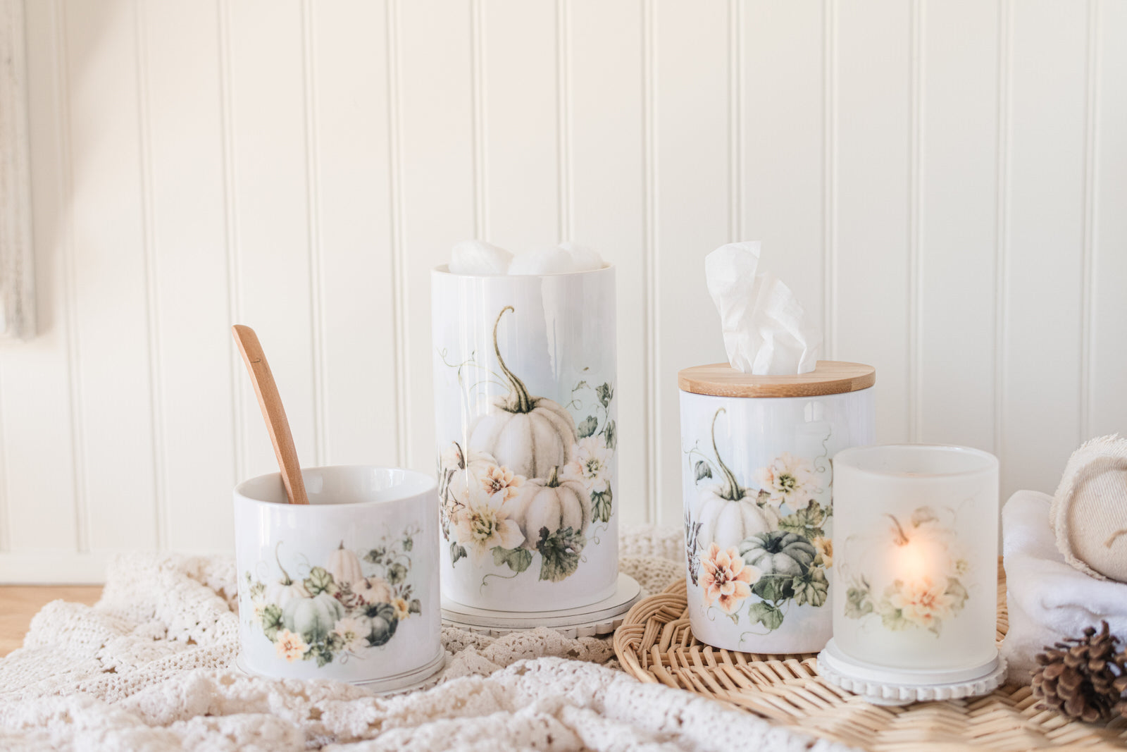 Fall storage jar for bath salts or cotton balls