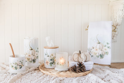 Cozy white pumpkin containers for seasonal bathroom decor
