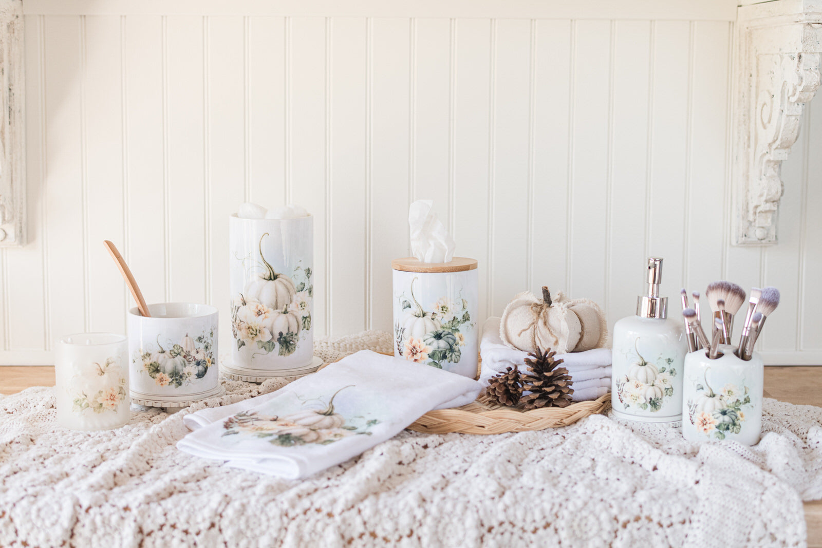 Vintage Autumn Collection soap pump  and makeup brush holder, styled with towels and  Bathroom jars with pinecones