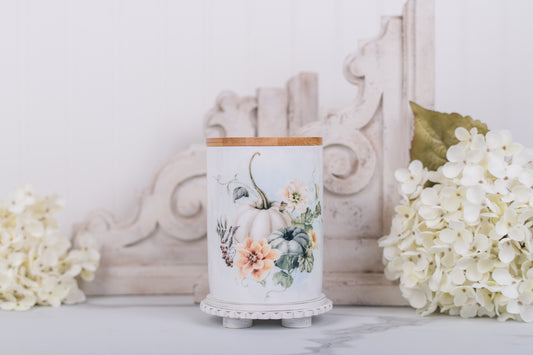 Medium ceramic canister with white pumpkin floral print