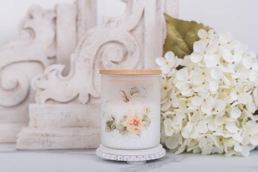 Extra small frosted glass canister with white pumpkins and florals