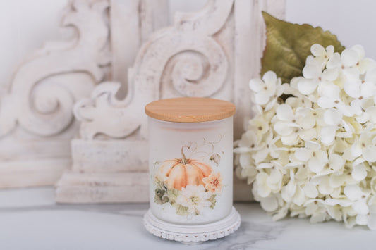 Extra small glass canister with pumpkin floral art and bamboo lid