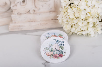 Round Christian coasters for Thanksgiving coffee table