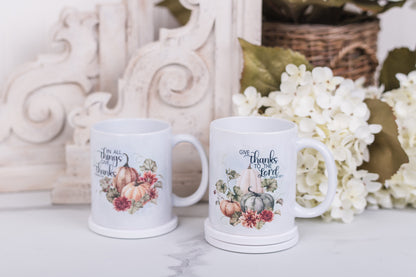 Scripture fall mugs with watercolour pumpkins and florals