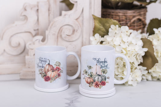 Scripture fall mugs with watercolour pumpkins and florals