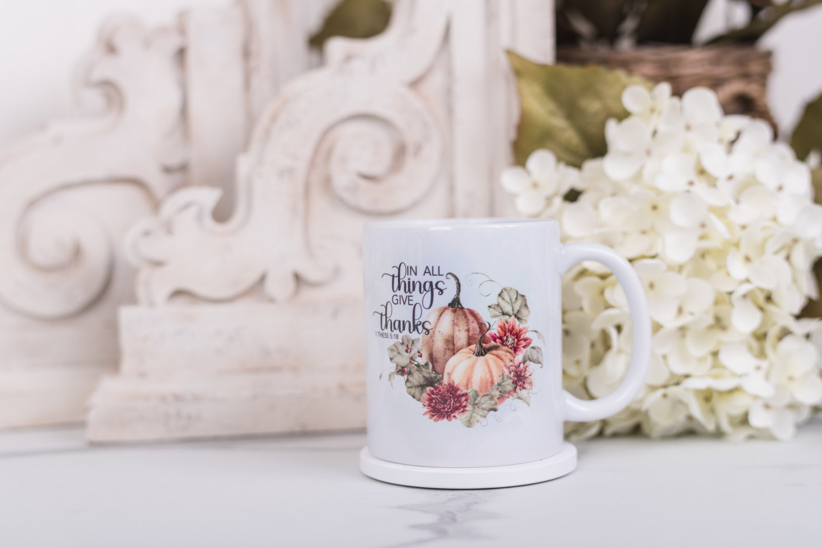 Christian autumn mug with “In all things give thanks”