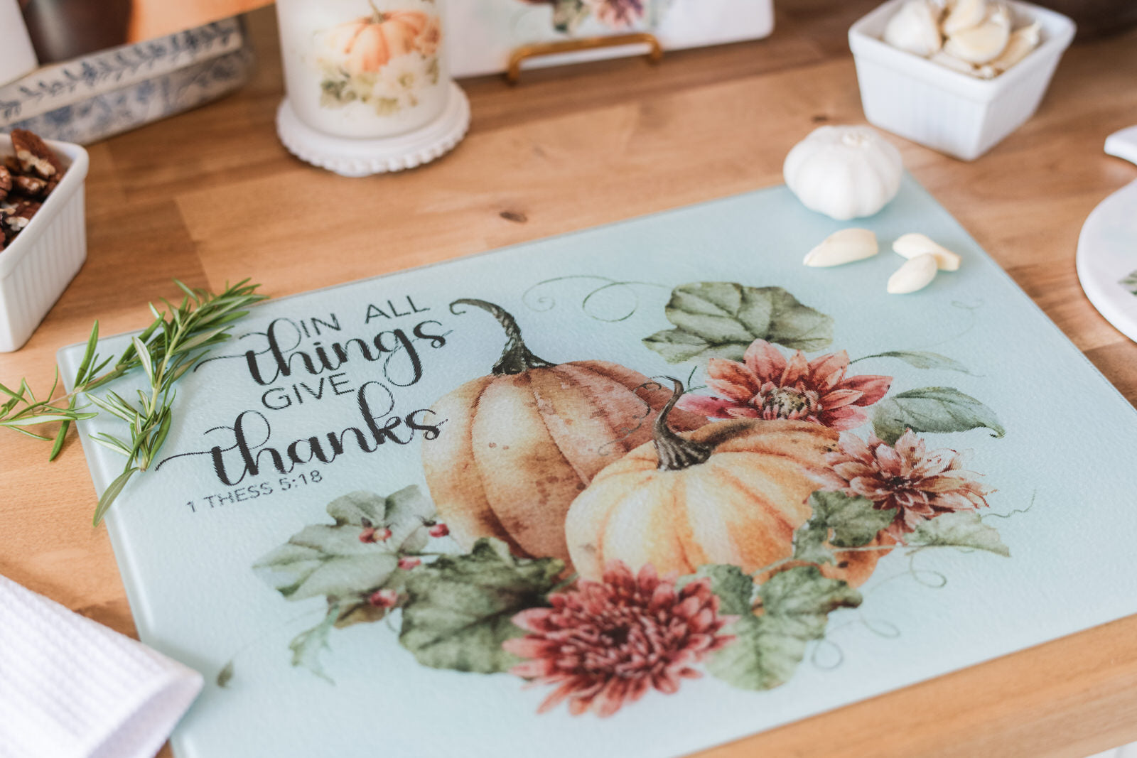 Autumn scripture cutting board featuring pumpkins and fall florals.