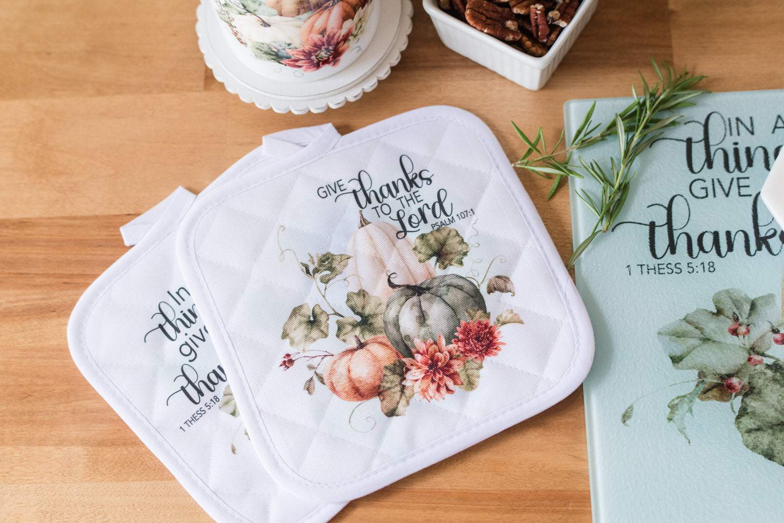 Christian kitchen decor potholders in warm autumn tones