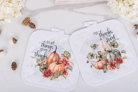 Quilted fall potholders with autumn florals and bible verses; In All Things Give Thanks
