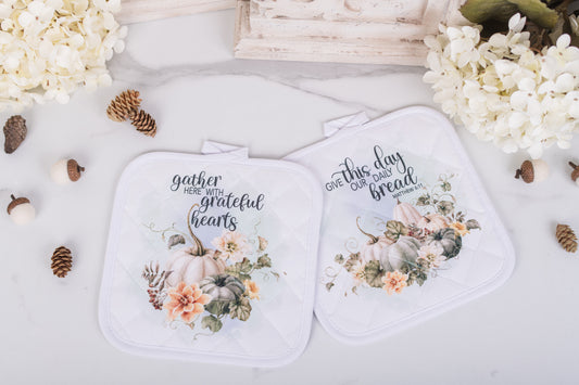 Fall potholder set with soft watercolor pumpkins and scripture