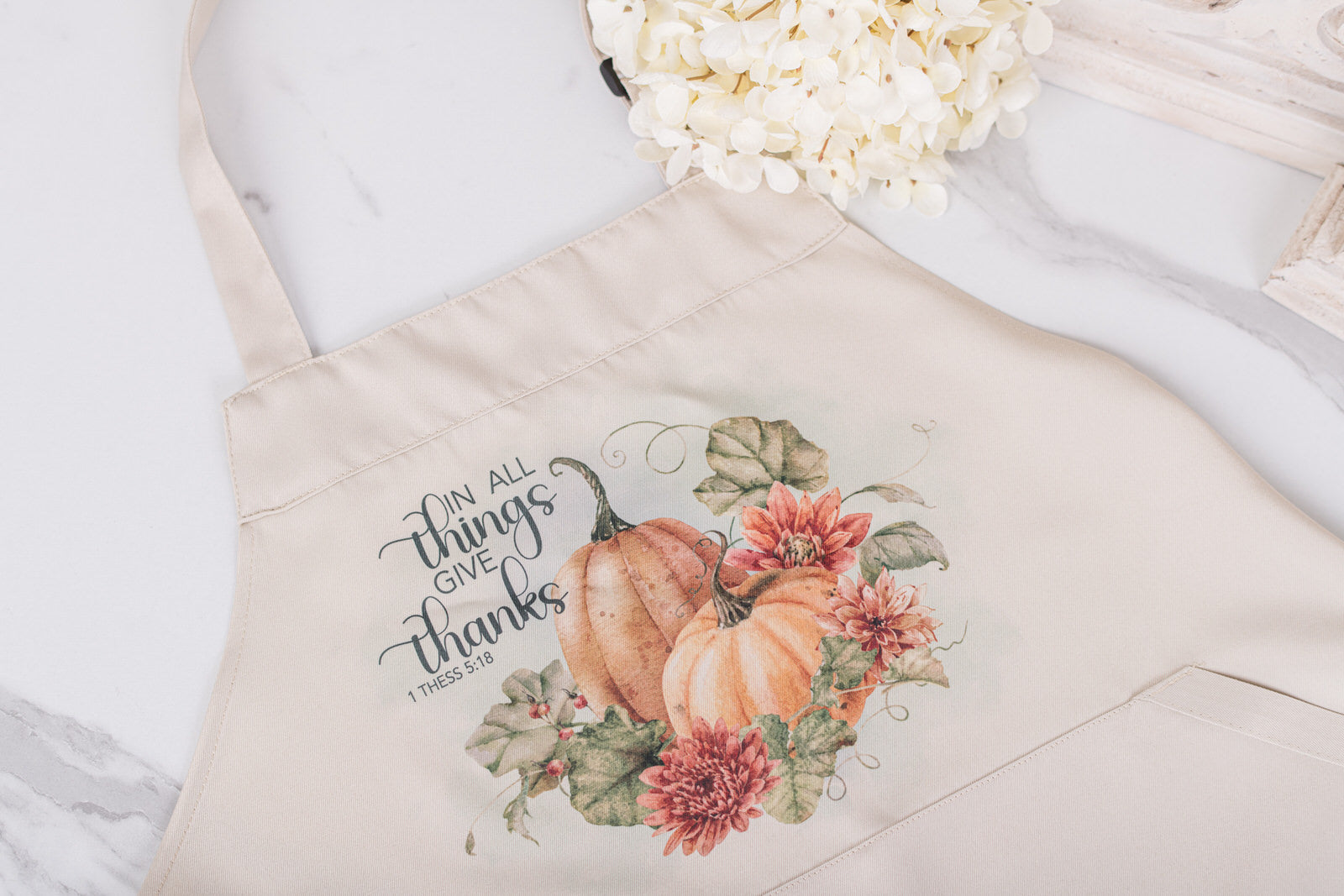 In all Things Give Thanks, beige fall apron 