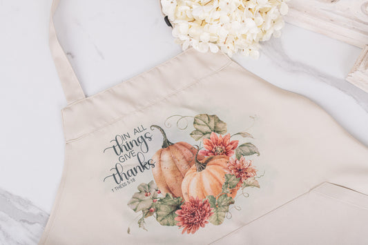 In all Things Give Thanks, beige fall apron 