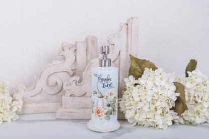 Soft watercolour pumpkin soap dispenser with scripture for kitchen or bathroom