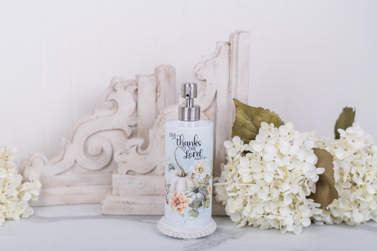 Soft watercolour pumpkin soap dispenser with scripture for kitchen or bathroom