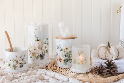 Vintage Autumn soft palette tissue holder styled in the bathroom with coordinating canisters
