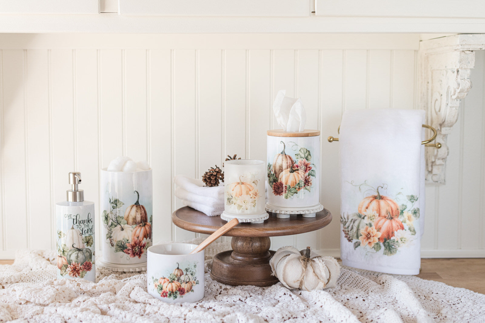 Pumpkin floral tissue holder in rich fall colors with coordinating bathroom accessories