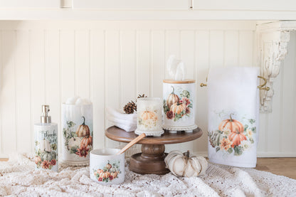 Pumpkin floral tissue holder in rich fall colors with coordinating bathroom accessories