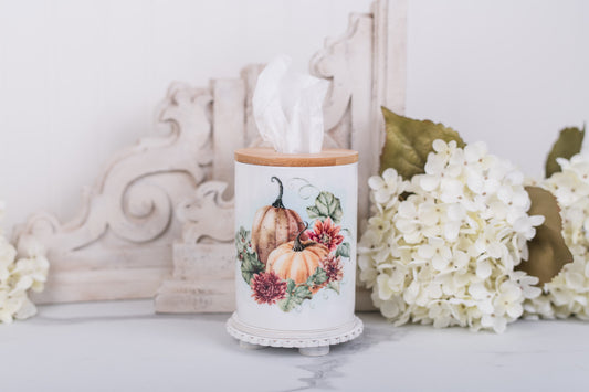 Ceramic tissue holder in autumn tones with bamboo lid
