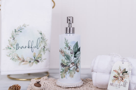 Woodland soap pump styled on fall bathroom counter with hand towel