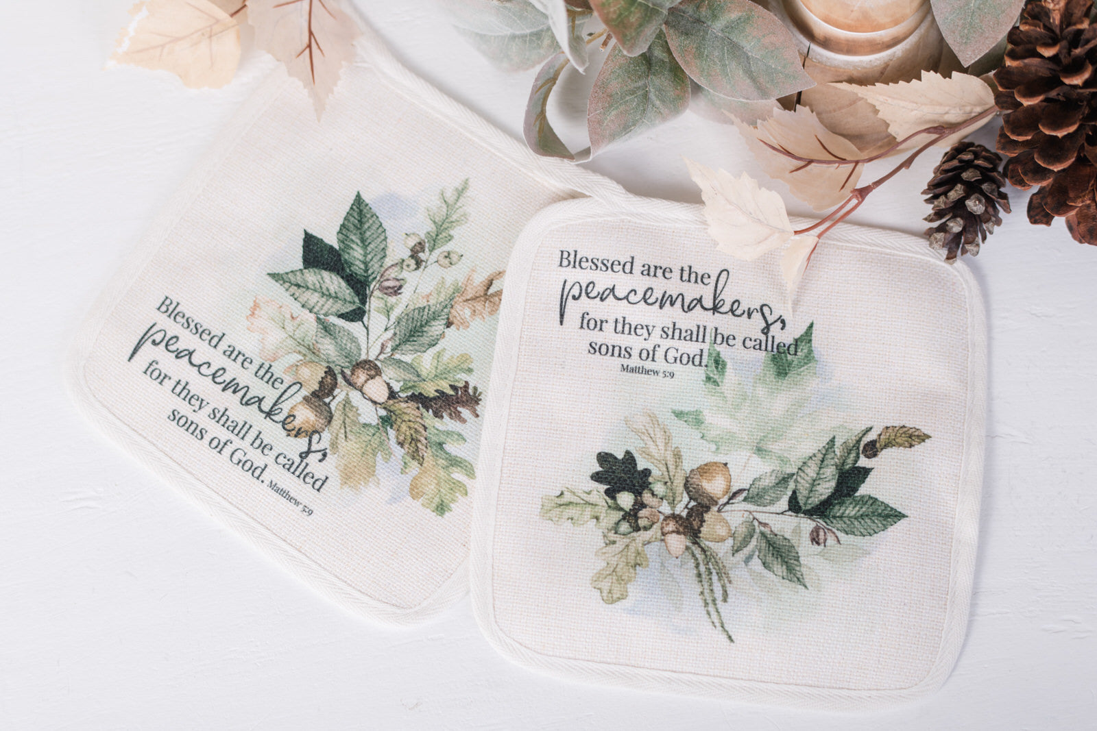 Fall pot holder set with acorns and Bible verse Peacemakers Matthew 5:9