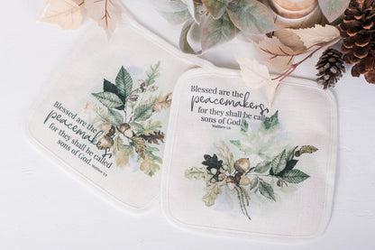 Fall pot holder set with acorns and Bible verse Peacemakers Matthew 5:9