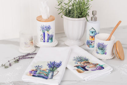 Tissue box cover styled in a soft cottage bathroom