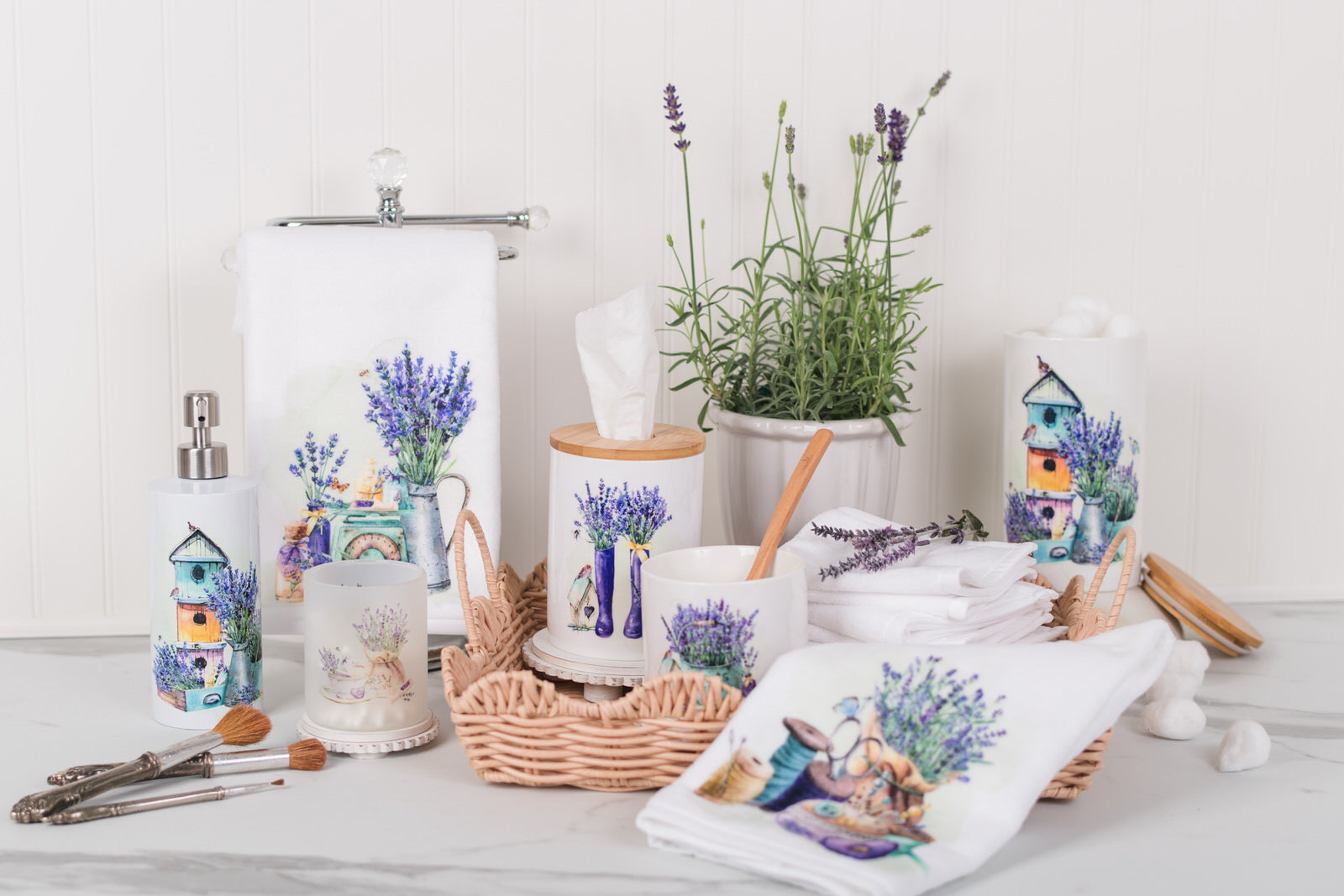 Set of ceramic canisters with watercolour lavender with other bathroom decorr
